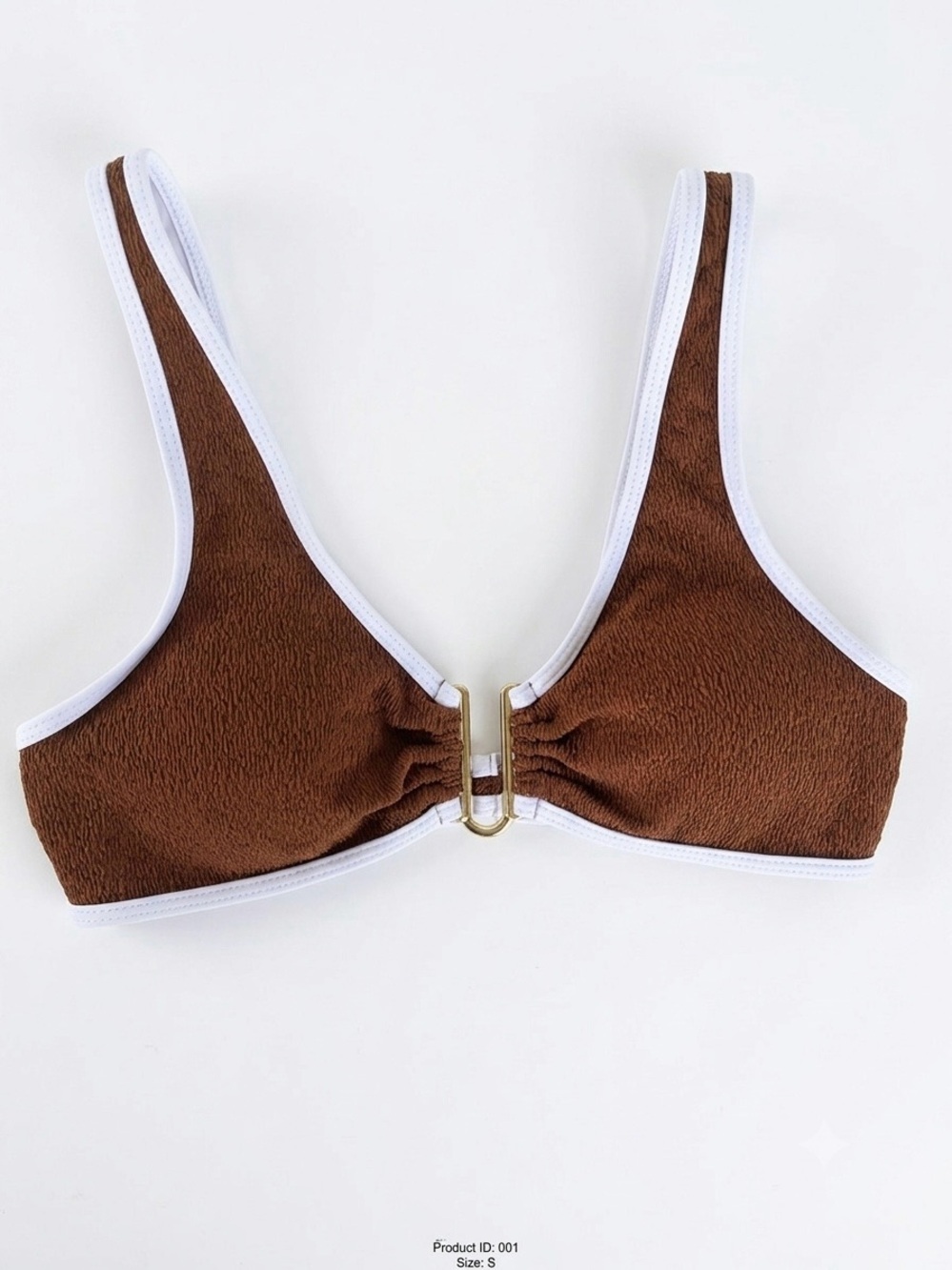 NWT Swimall Brown Textured U-Ring Bikini Top White Piping Trim Sz M Boho Coastal